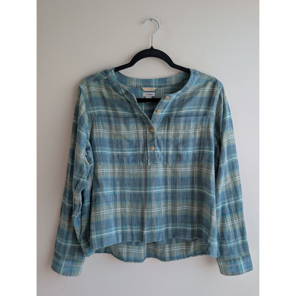 L.L. Bean Women's Petite S Blue Green Plaid 100% Cotton Popover Shirt Coastal